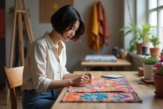 Femme en train de broder un textile coloré dans un atelier