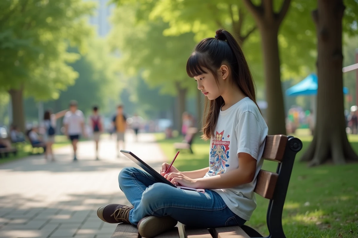 Fille assise sur un banc de parc entrant un code anime