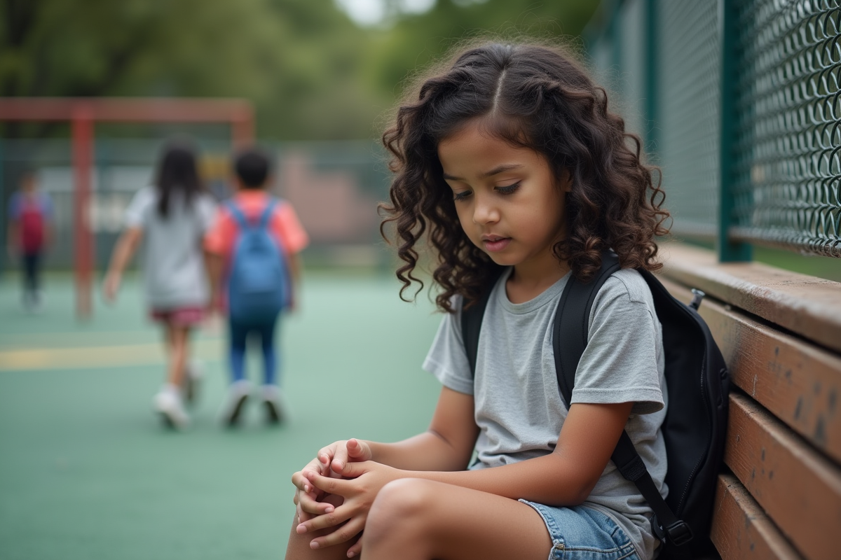 Fille de onze ans assise sur un banc de cour
