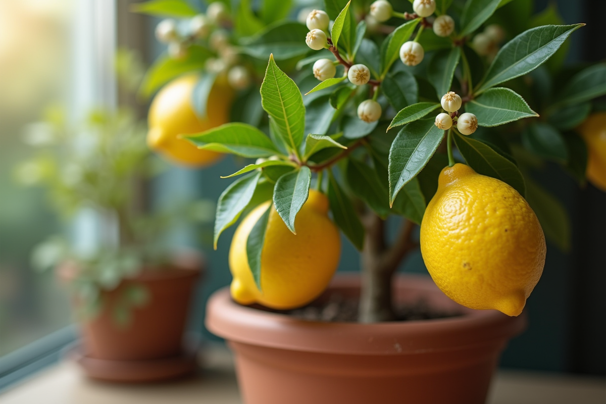 Gros plan sur fleurs blanches du citronnier en pot