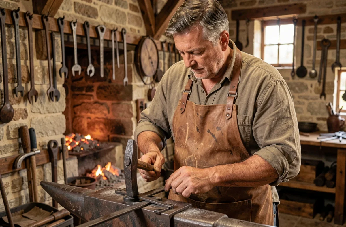 Forgeron artisan de La Forge des Blaches travaillant le fer forgé dans son atelier traditionnel