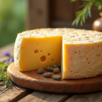 Fromage corse avec larves sur table en bois naturel