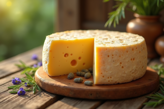 Fromage corse avec larves sur table en bois naturel