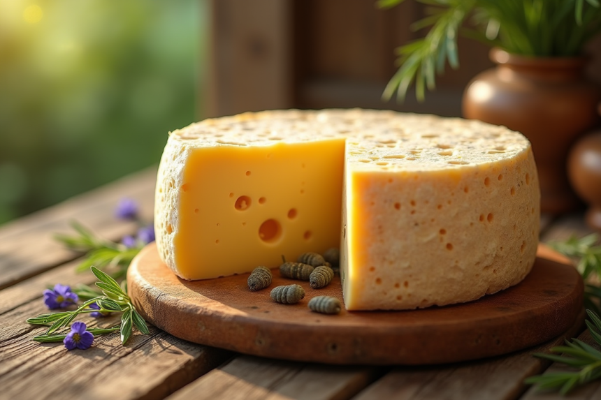 Fromage corse avec larves sur table en bois naturel