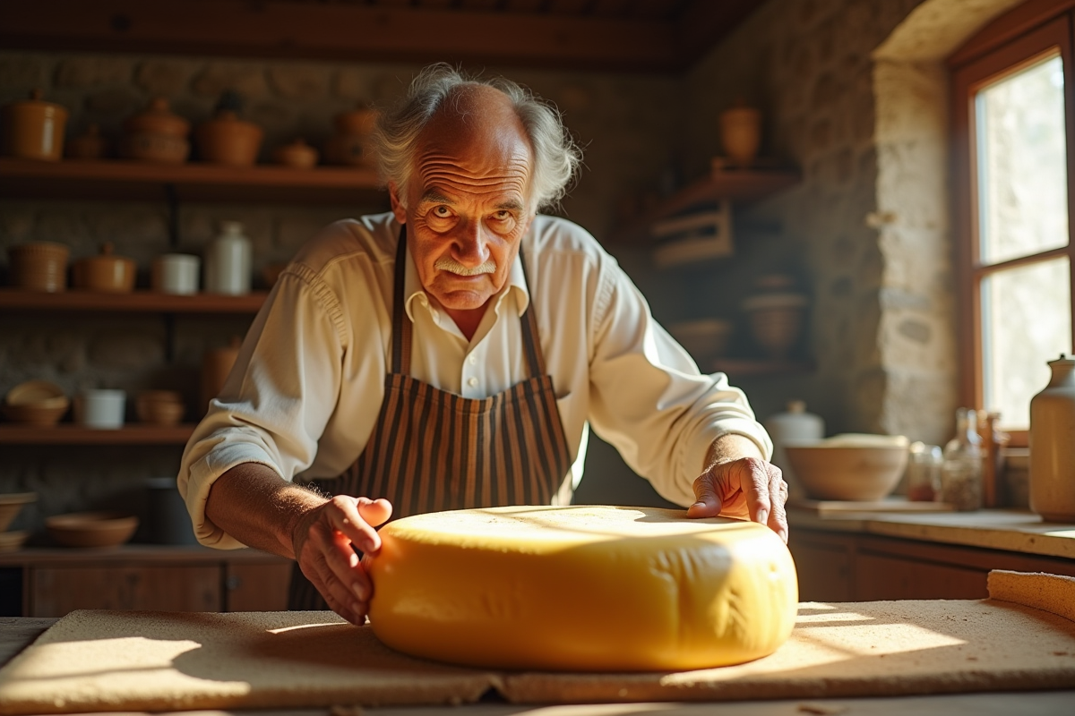 Fromager corse montrant casu marzu dans cuisine ensoleillee