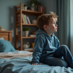 Garçon de neuf ans pensif dans sa chambre calme