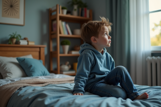 Garçon de neuf ans pensif dans sa chambre calme