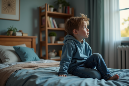 Garçon de neuf ans pensif dans sa chambre calme