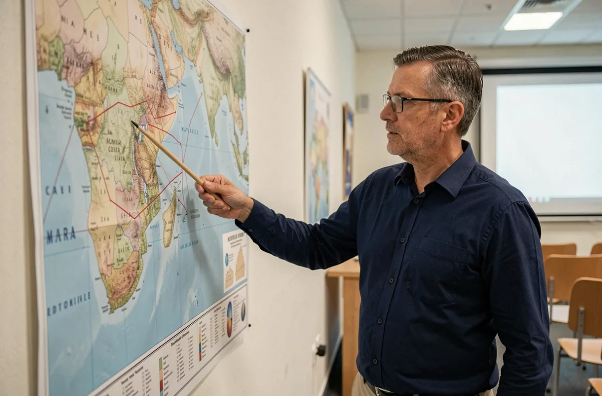 Géographe présentant les délimitations maritimes entre Mayotte et l'archipel des Comores sur une carte murale