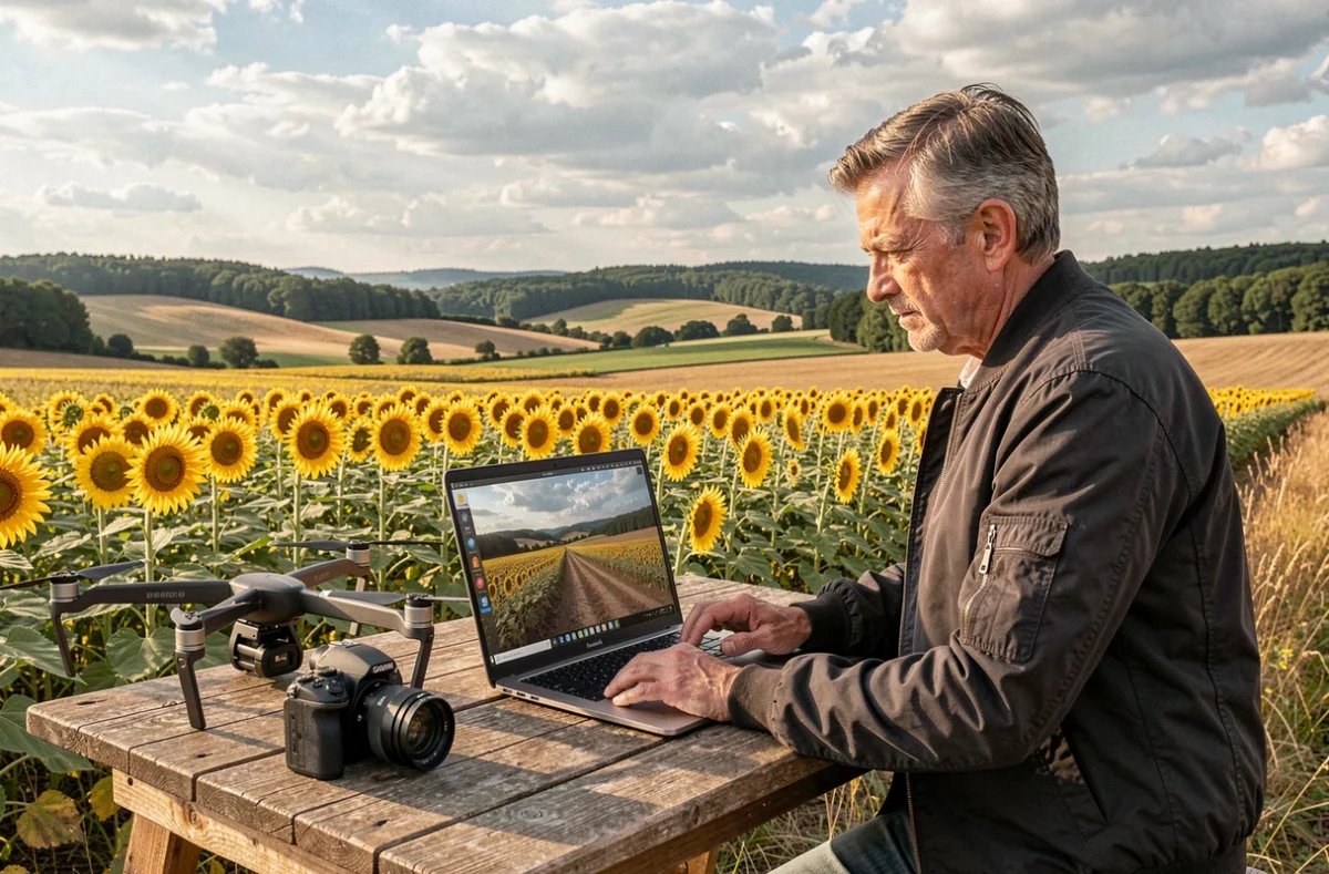 Grégory Udron de UP STORIES consultant un drone et du matériel vidéo dans les paysages de Lot-et-Garonne