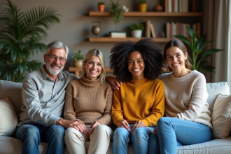 Quatre adultes divers réunis dans un salon chaleureux