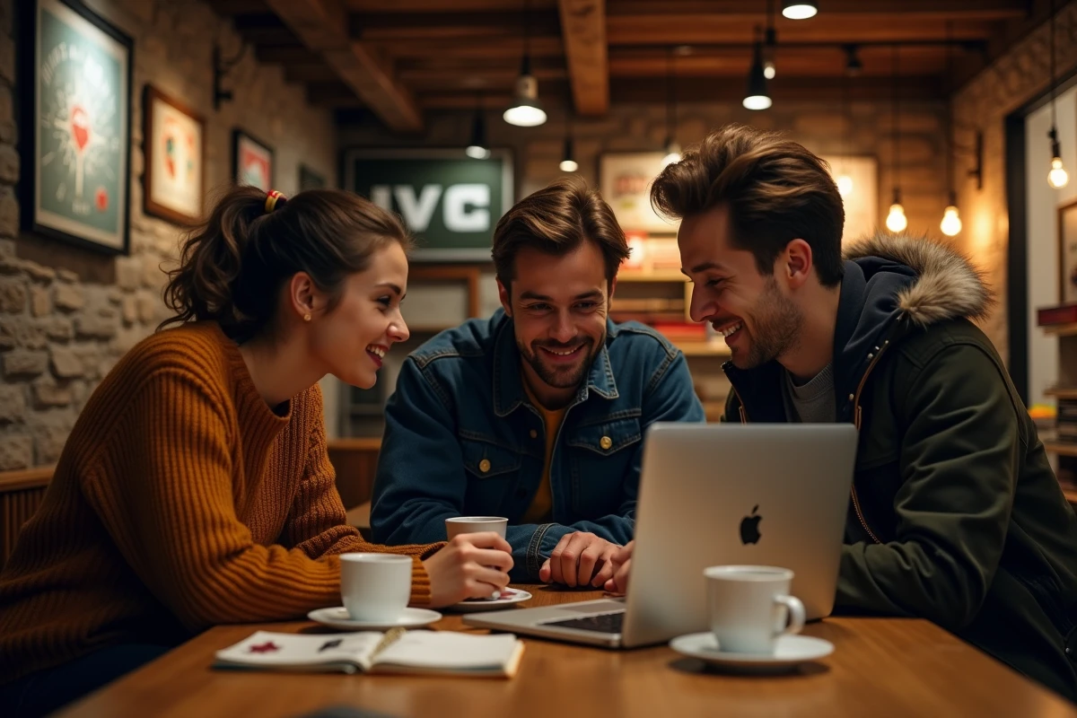 Groupe de jeunes adultes réunis autour d'un ordinateur portable dans un café rétro, discutant des archives mythiques du forum JVC