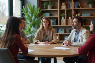 Groupe diversifié en discussion dans un centre communautaire