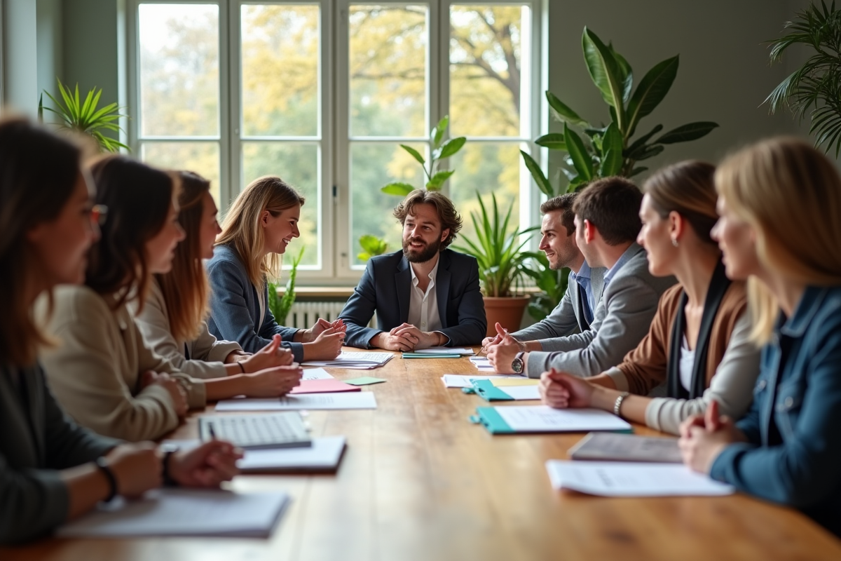 Groupe diversifié avec dossiers colorés en coworking lumineux