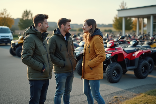 Trois jeunes adultes inspectant des quads neufs devant un concessionnaire