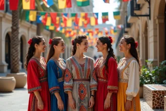 Jeunes adultes en vêtements traditionnels dans une place urbaine animée