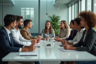 Groupe diversifié en réunion dans un bureau moderne