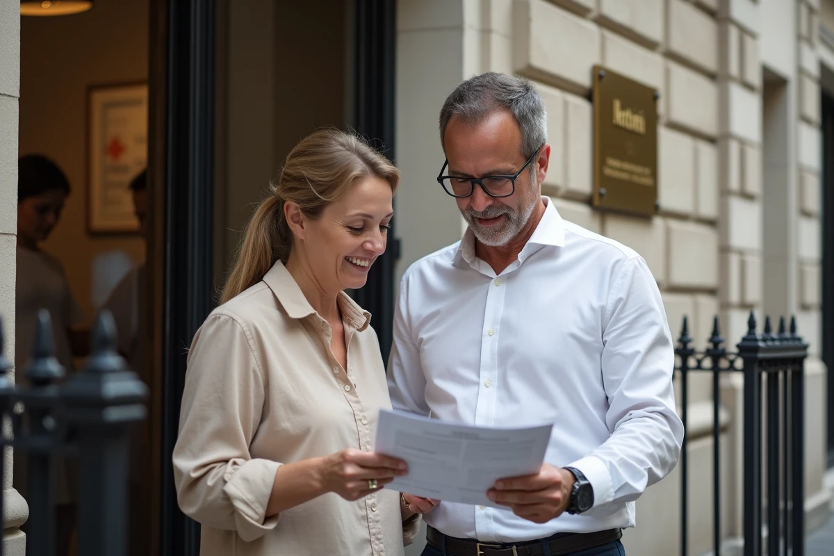 Deux héritiers adultes consultant une brochure devant un office notarial pour une succession