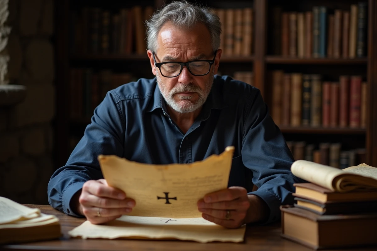 Historien examinant un manuscrit ancien représentant la croix à double traverse dans une bibliothèque universitaire