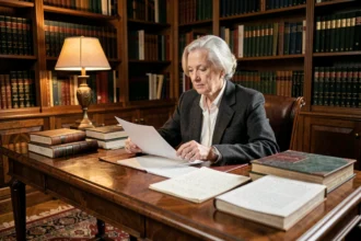 Portrait d'une historienne académicienne âgée assise à un bureau ancien entouré de livres dans une bibliothèque privée élégante
