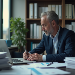 Homme d'affaires français en costume bleu dans un bureau