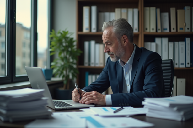 Homme d'affaires français en costume bleu dans un bureau