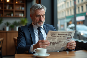 Homme d'affaires lisant un journal financier dans un café