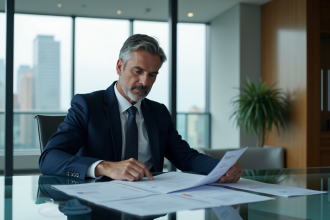 Homme d'affaires en costume navy dans un bureau moderne
