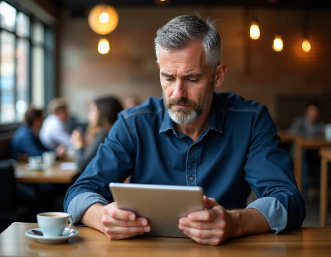 Homme analysant un blog sur une tablette dans un café urbain, posture concentrée et réfléchie