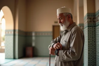 Homme âgé en djellaba vérifiant l'heure dans une mosquée