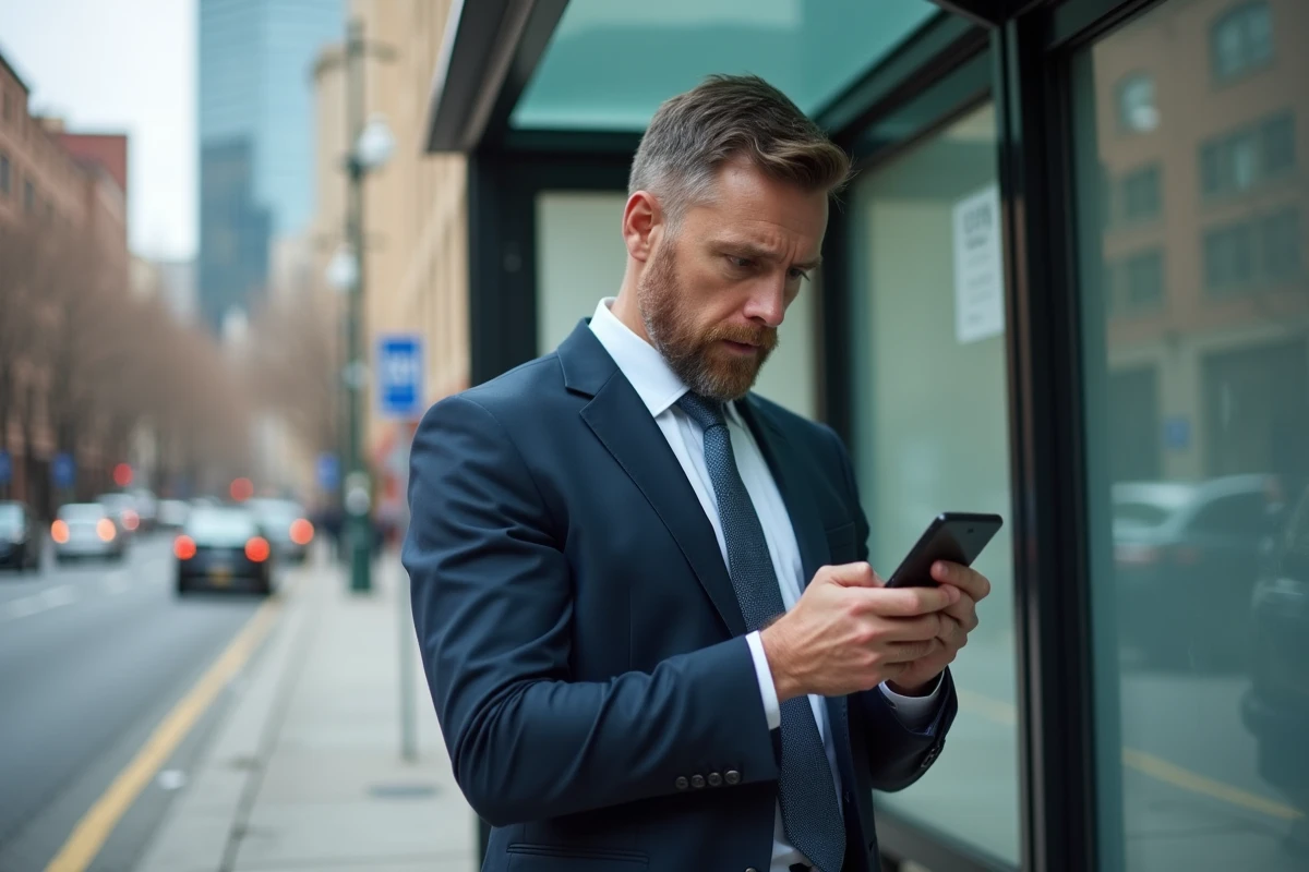 Homme d affaires anxieux à un arrêt de bus en ville