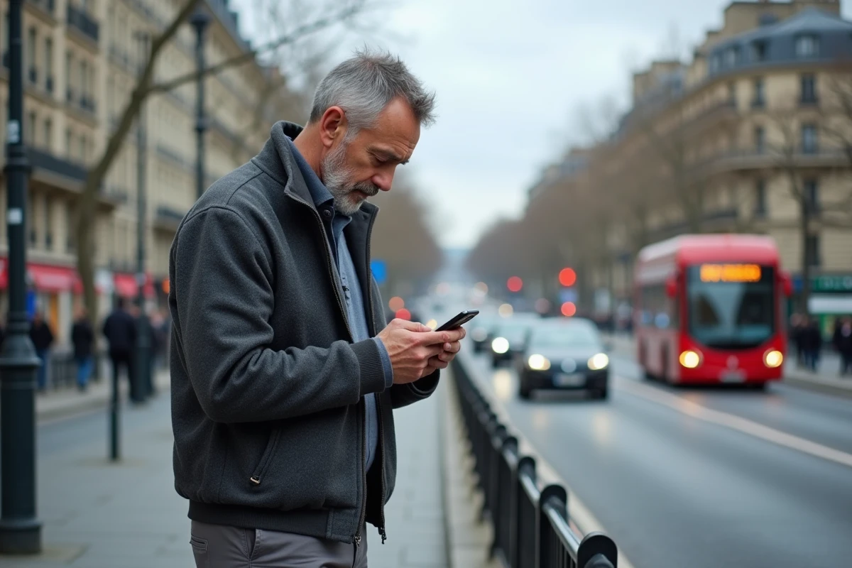 Homme regardant son smartphone dans la rue parisienne
