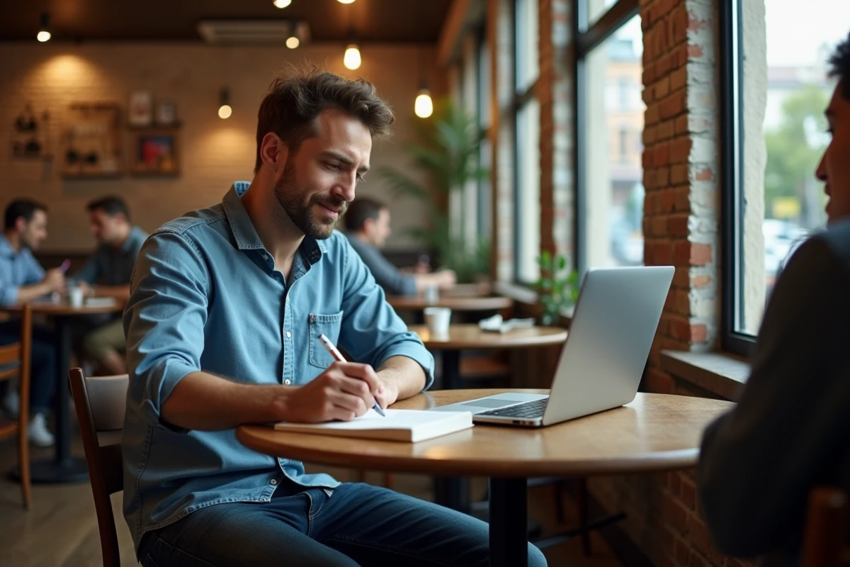 Homme étudiant dans un café en train de prendre des notes sur Harry Potter