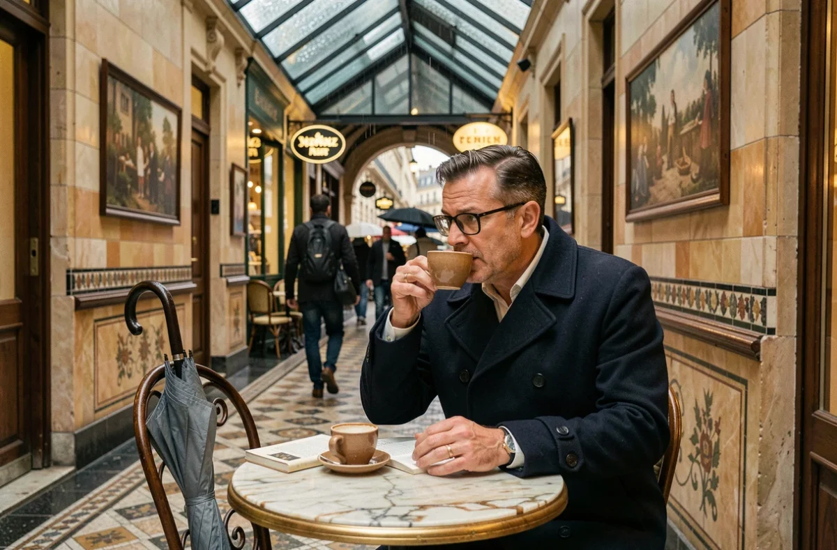 Homme savourant un café sous la verrière d'un passage couvert parisien pendant une averse