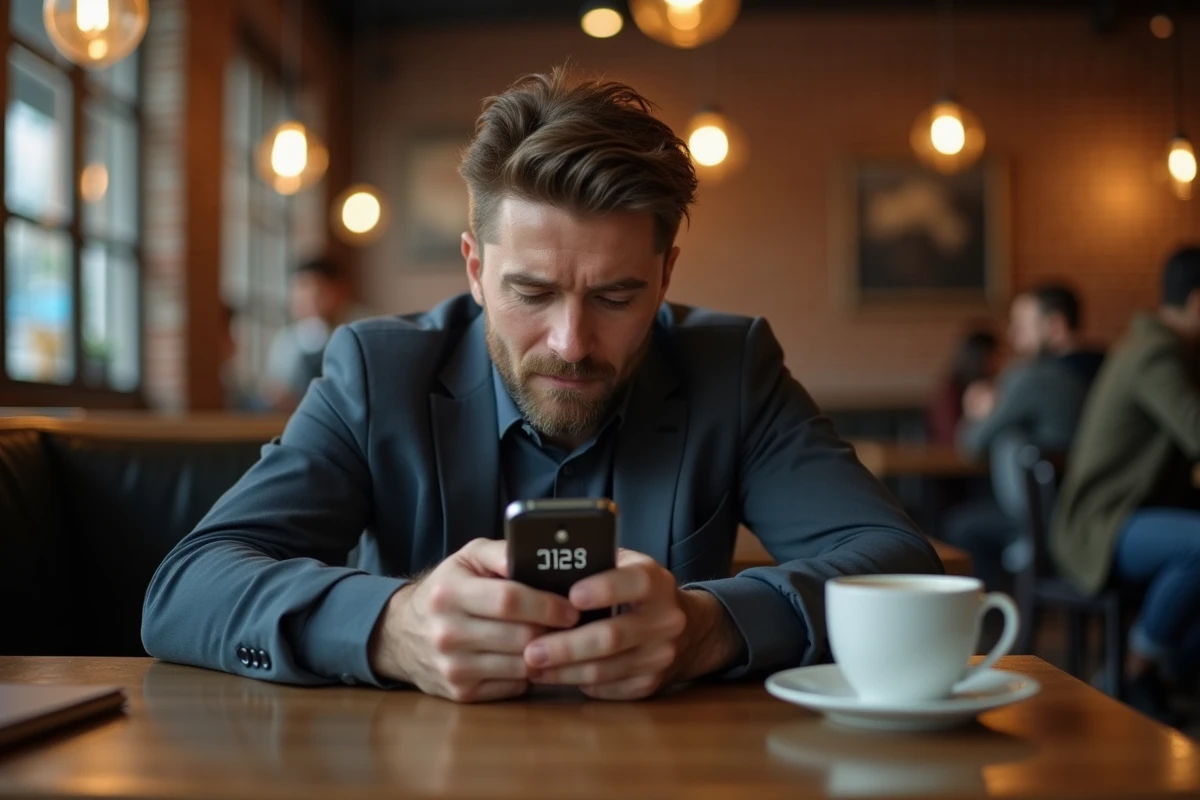 Homme dans un café regardant son téléphone affichant l'heure miroir 21h21