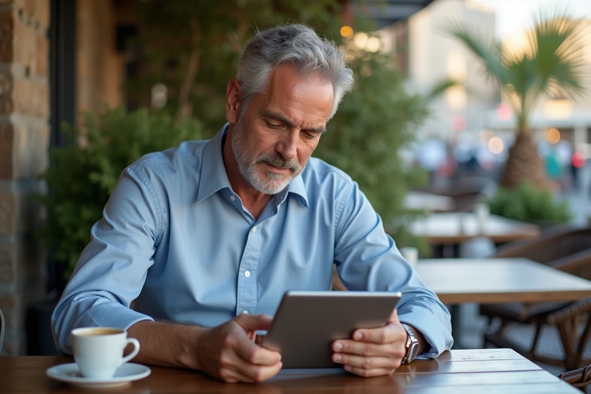 Homme au café vérifiant un tableau de conversion horaire