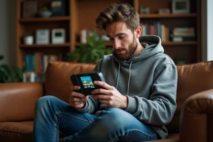 Homme jouant sur une console portable rétro dans un salon avec des cartouches de jeux vintage en arrière-plan