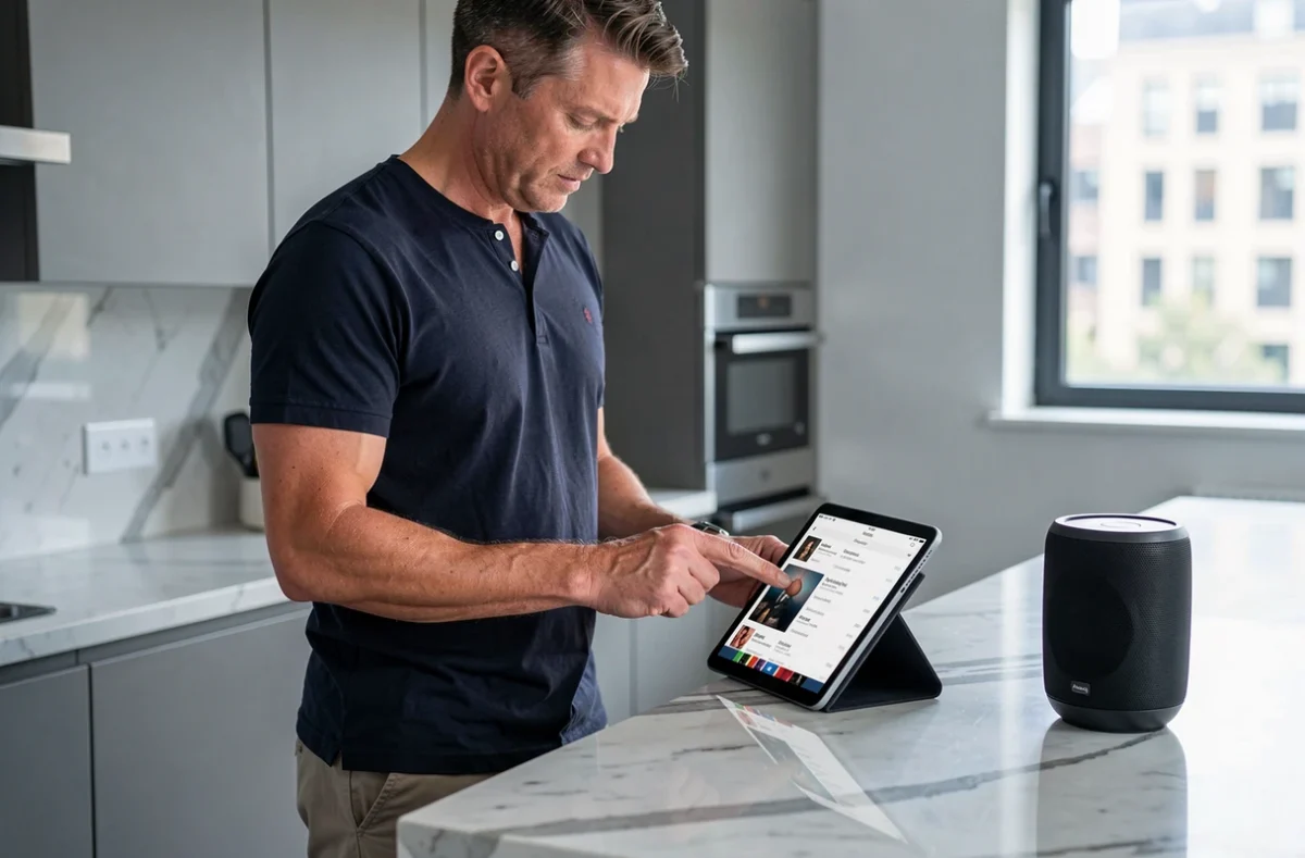 Homme consultant la liste des chanteurs d'oscarmusic.com sur une tablette dans une cuisine moderne avant une soirée