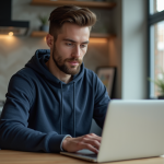 Homme détendu utilisant un ordinateur portable dans une cuisine moderne