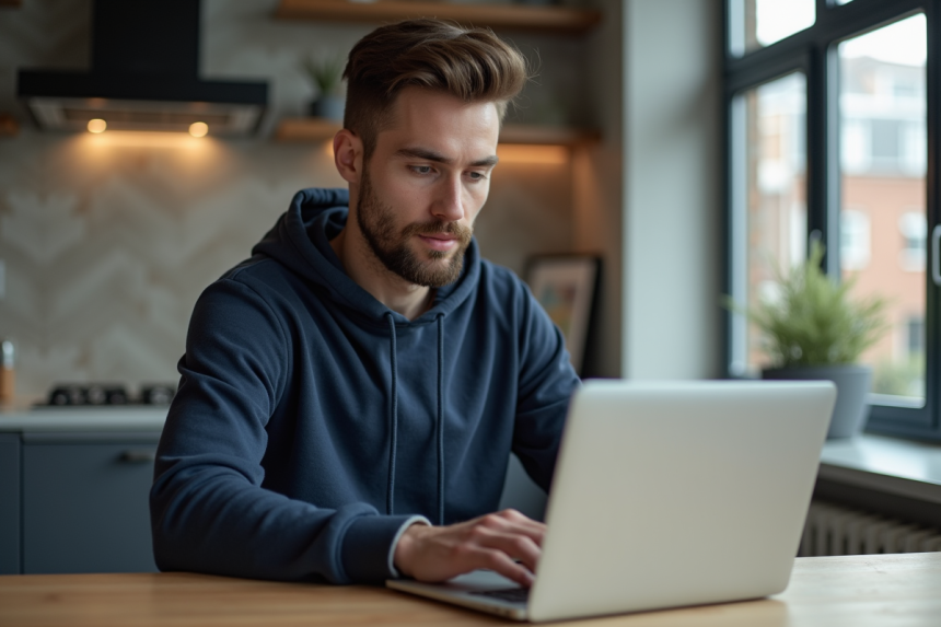 Homme détendu utilisant un ordinateur portable dans une cuisine moderne