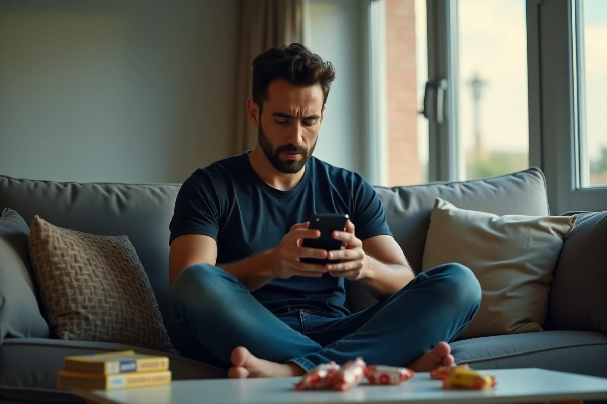 Homme consultant son smartphone affichant un message d'erreur sur un site de manga depuis son canapé entouré de volumes de manga