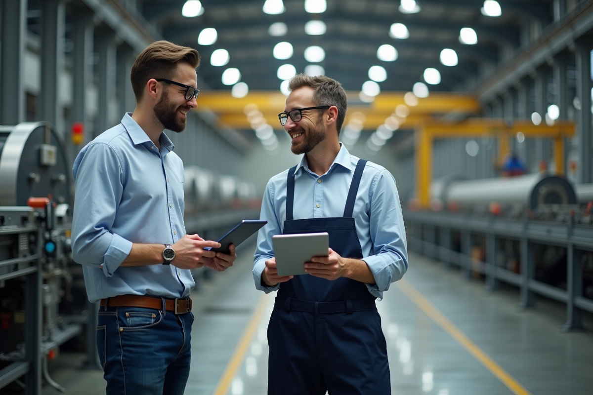 Homme d affaires avec tablette dans une usine