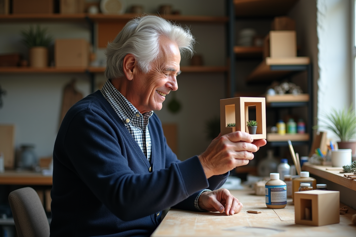 Homme âgé inspecte un livre nook dans son atelier