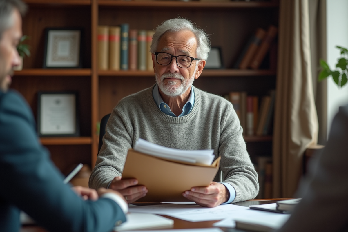 Homme âgé discutant de documents immobiliers en notaire