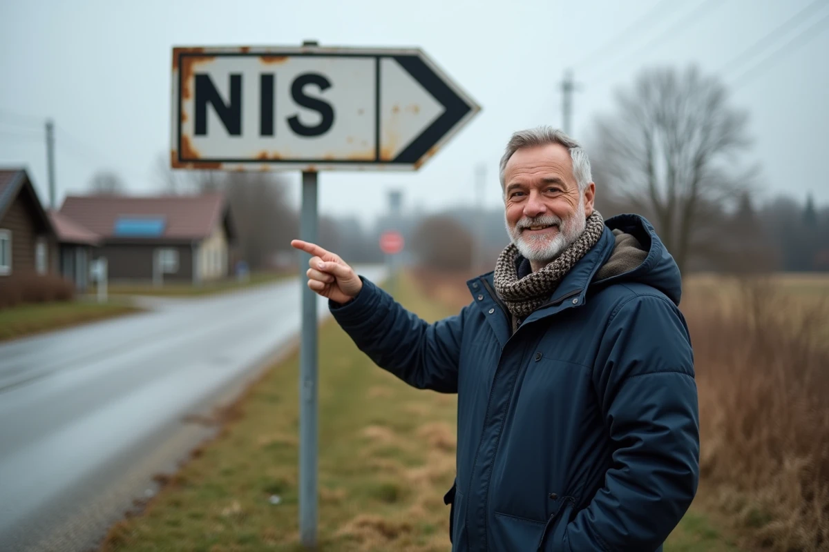 Homme pointant le panneau NIS en serbie en plein air