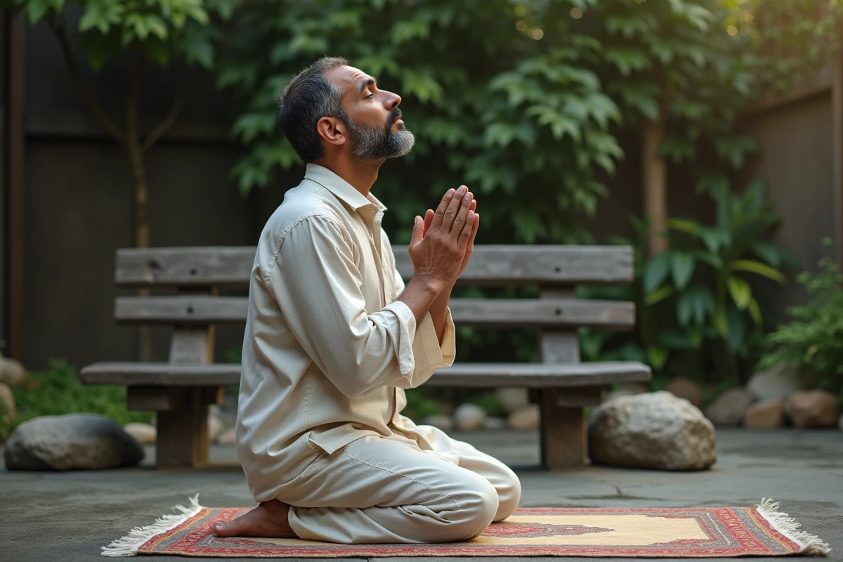 Homme en prière dans un jardin calme et naturel