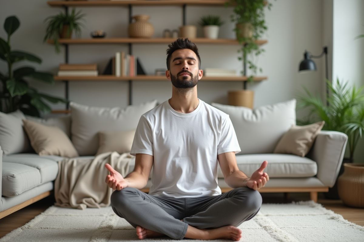 Homme pratiquant la respiration relaxante dans un salon cosy