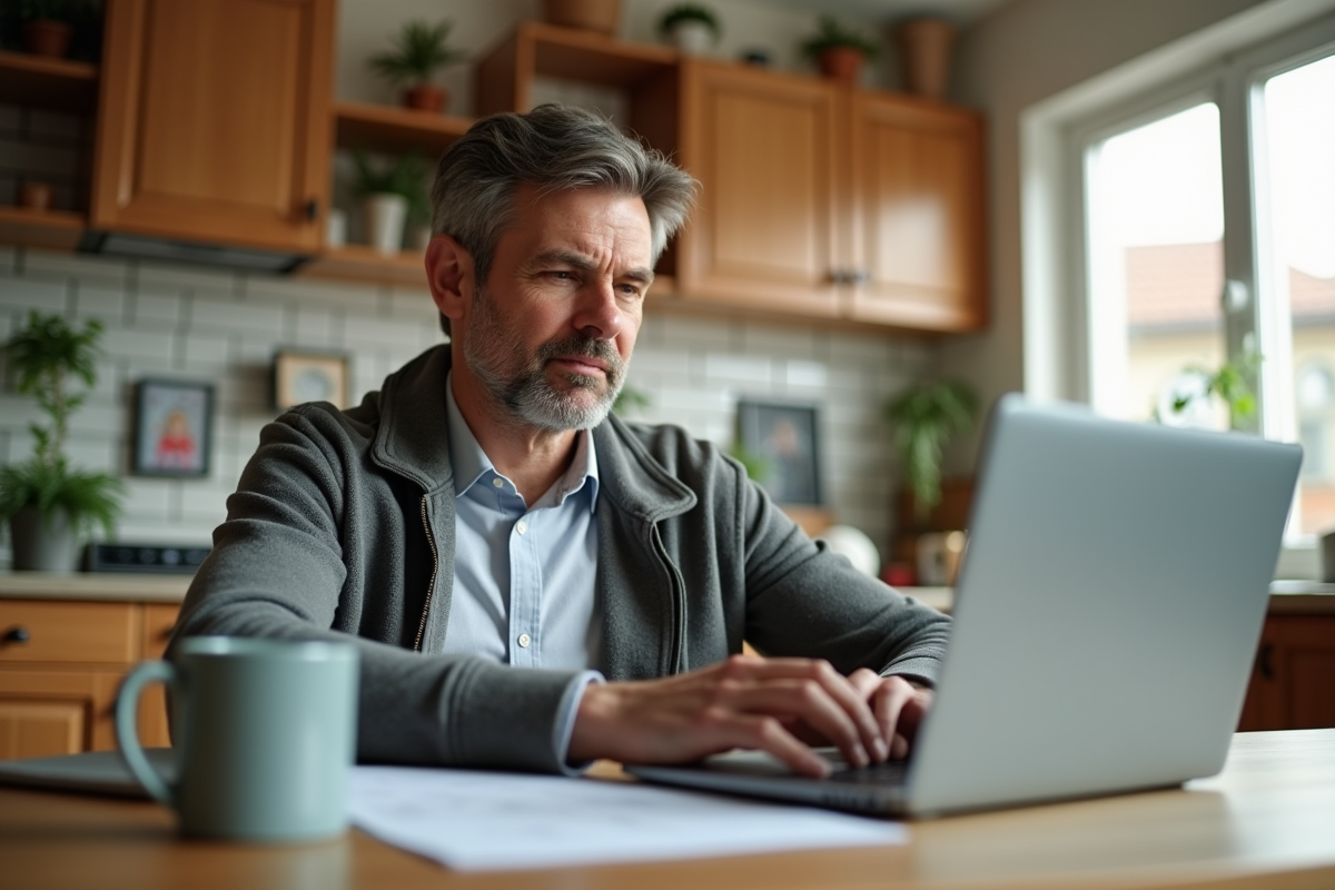 Homme au kitchen en ligne pour une renegociation de pret immobilier