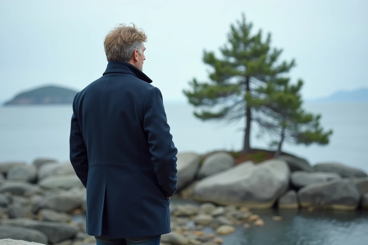 Homme scandinave pensif regardant la mer depuis un rivage rocheux de l'archipel suédois