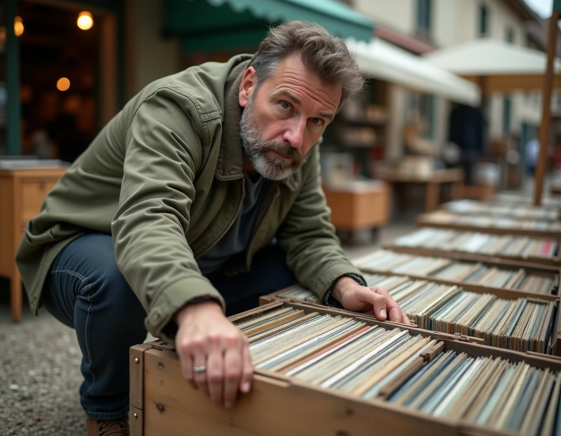 Homme cherchant des vinyles anciens dans un vide grenier en Anjou Maine-et-Loire